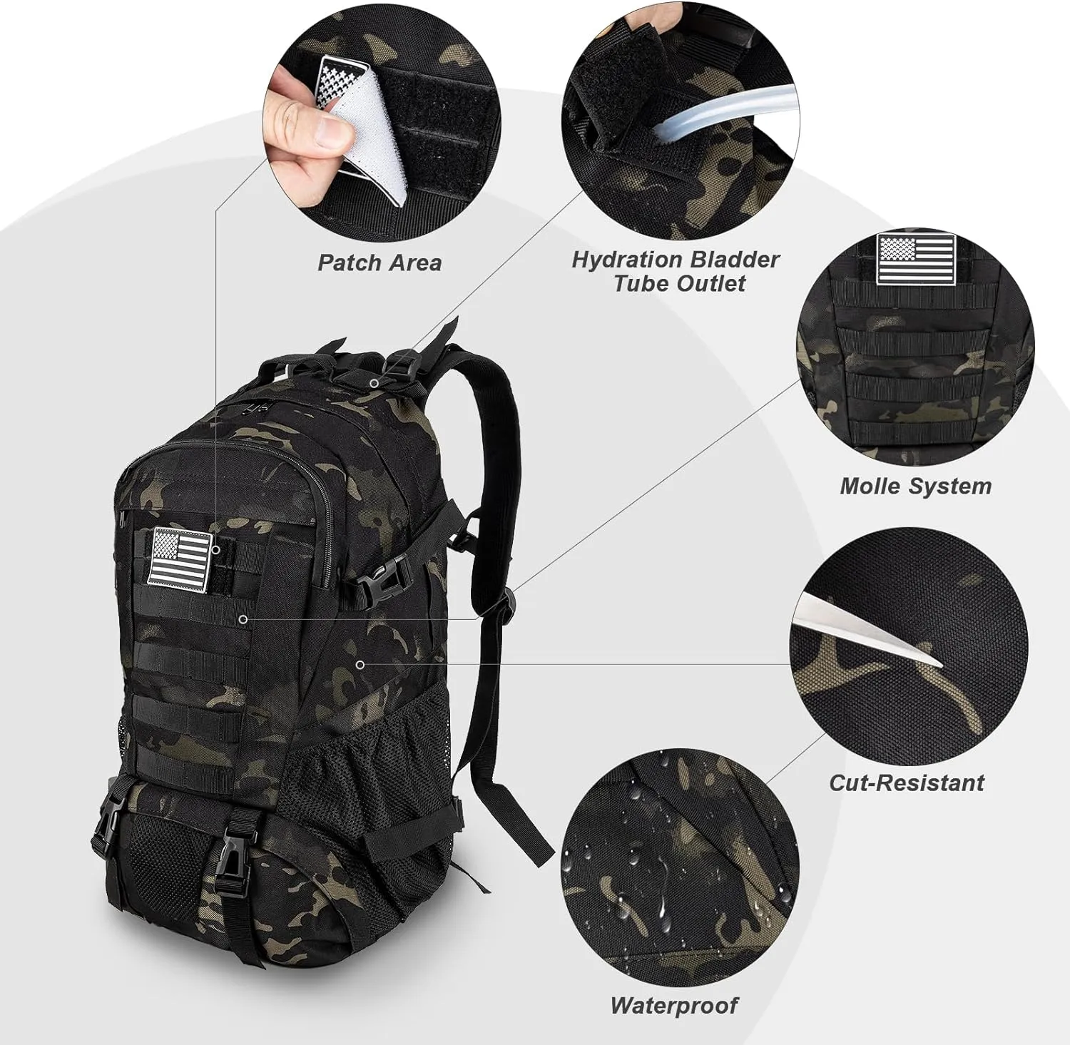 Jueachy Tactical Backpack for Men Hiking Day Pack Molle Military Rucksack Waterproof 30L EDC Bag with USA Flag Patch
