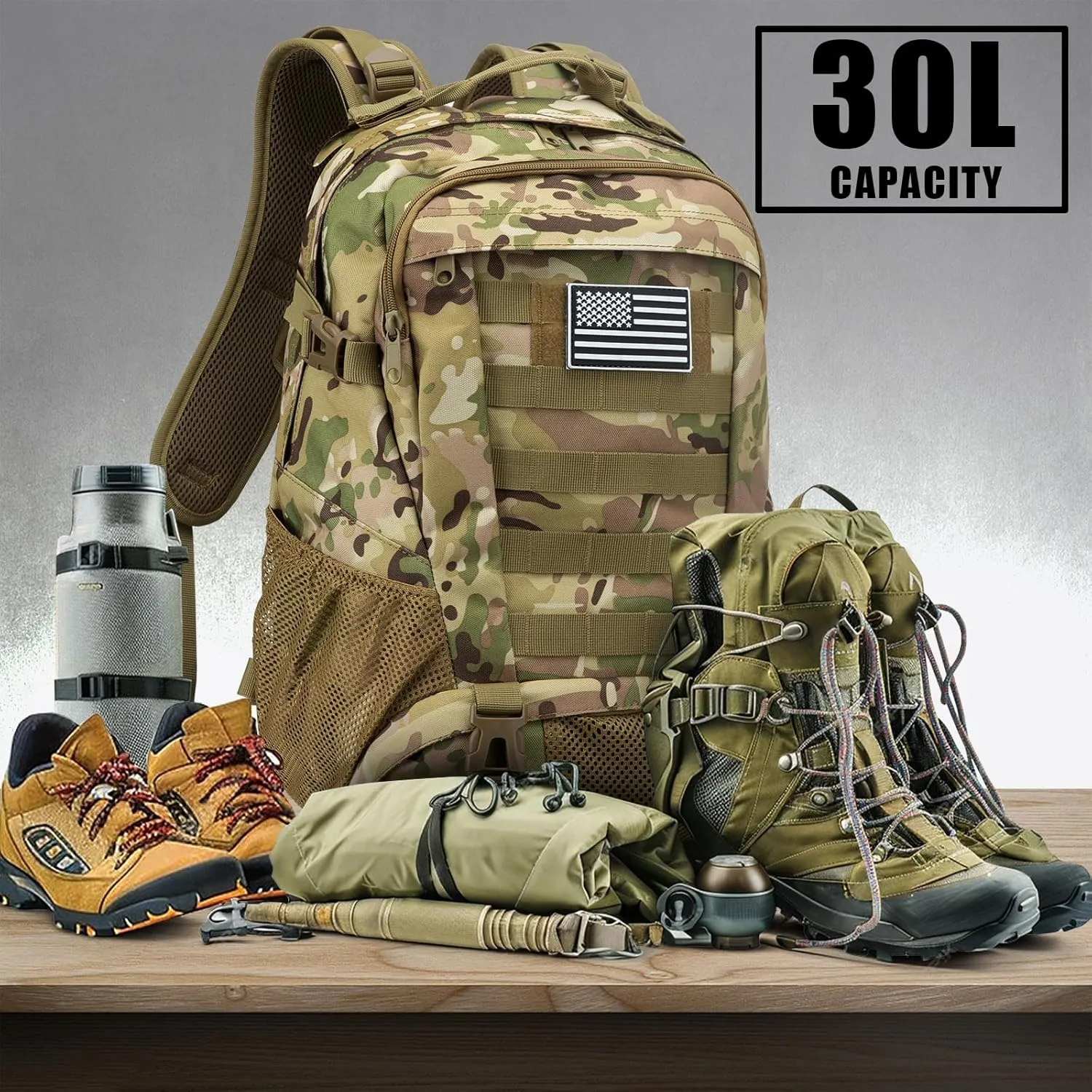 Jueachy Tactical Backpack for Men Hiking Day Pack Molle Military Rucksack Waterproof 30L EDC Bag with USA Flag Patch