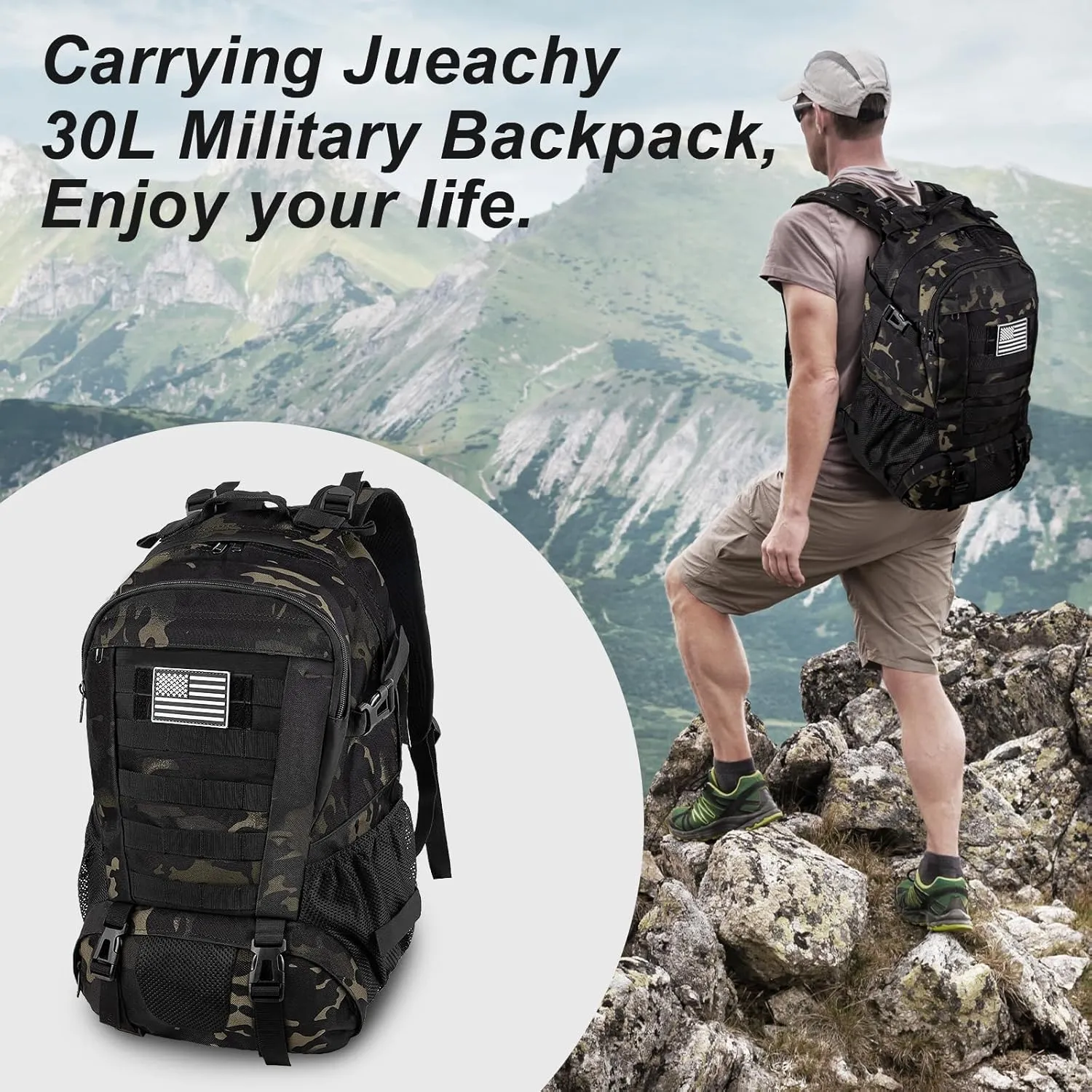 Jueachy Tactical Backpack for Men Hiking Day Pack Molle Military Rucksack Waterproof 30L EDC Bag with USA Flag Patch