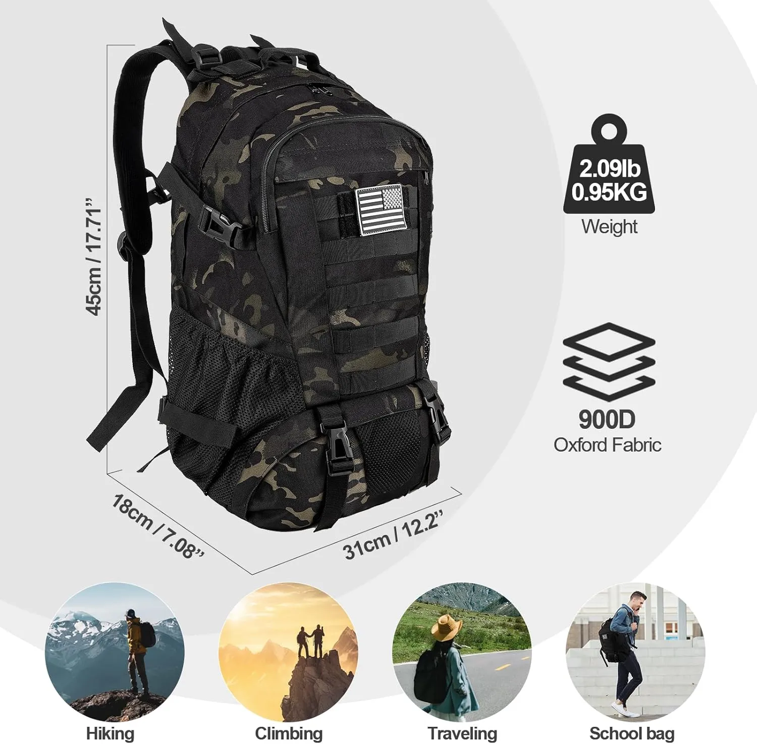 Jueachy Tactical Backpack for Men Hiking Day Pack Molle Military Rucksack Waterproof 30L EDC Bag with USA Flag Patch