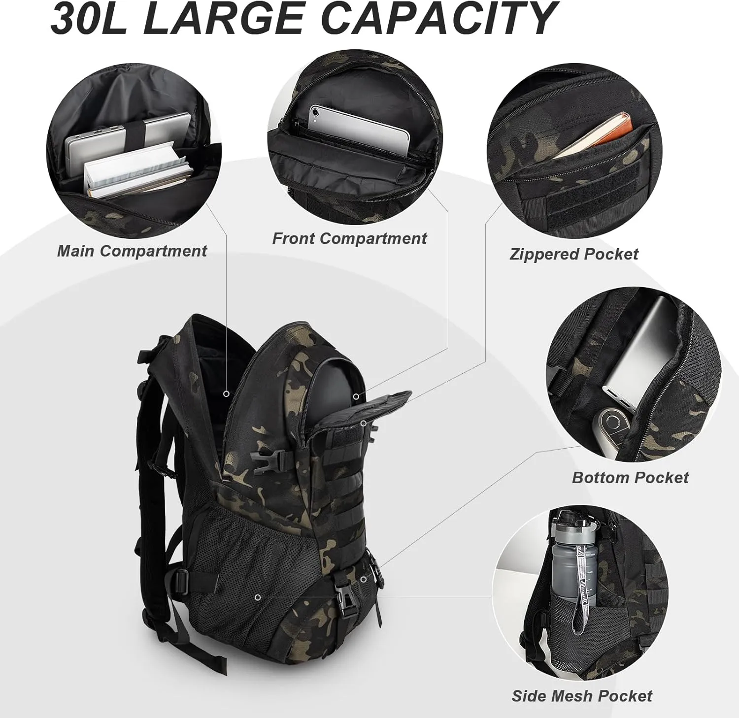 Jueachy Tactical Backpack for Men Hiking Day Pack Molle Military Rucksack Waterproof 30L EDC Bag with USA Flag Patch