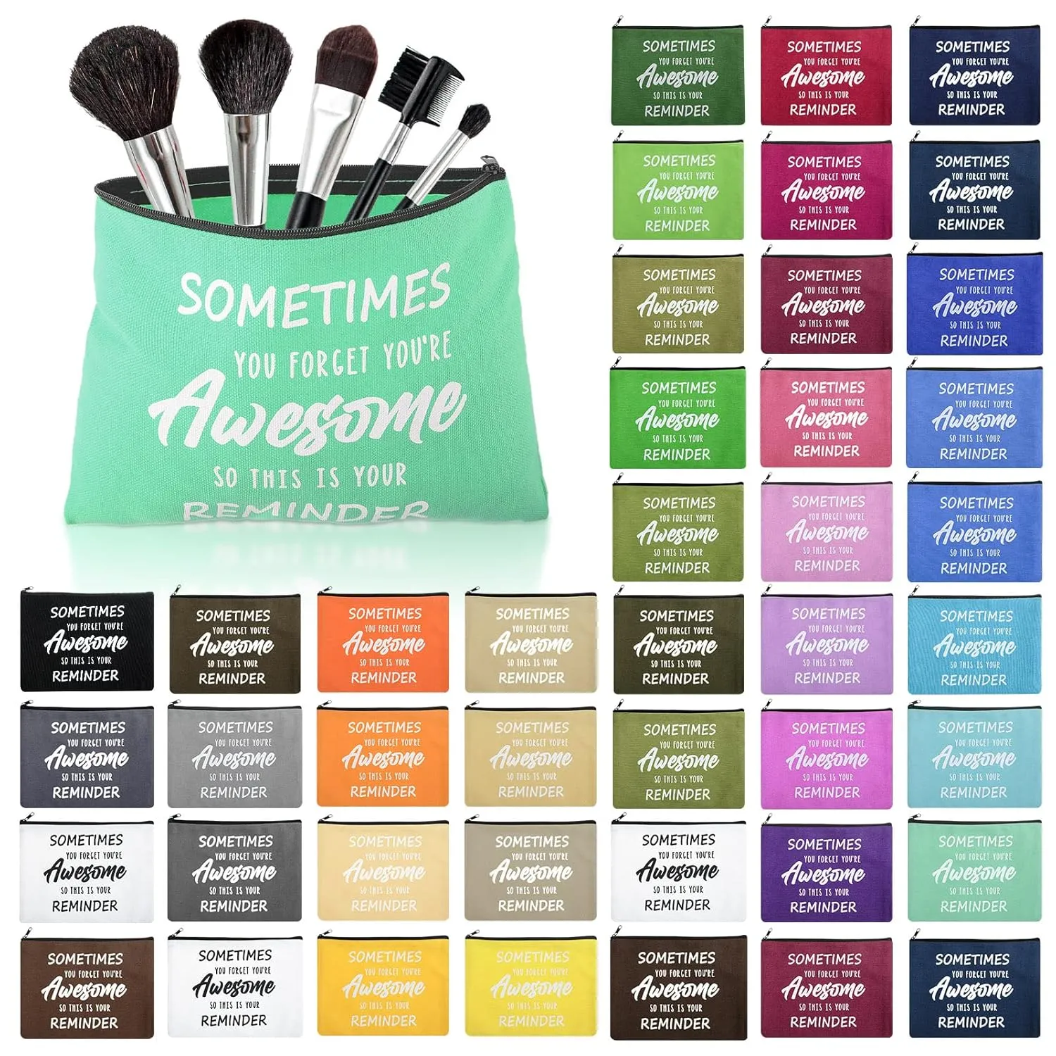 Kajaia 50 Pcs Inspirational Gifts Cosmetic Bags Thank You Appreciation Gift Canvas Makeup Bag Toiletry Bag with Zipper Motivational Quotes Purse for Girl Women Mom(5.1 x 7.9 Inch)