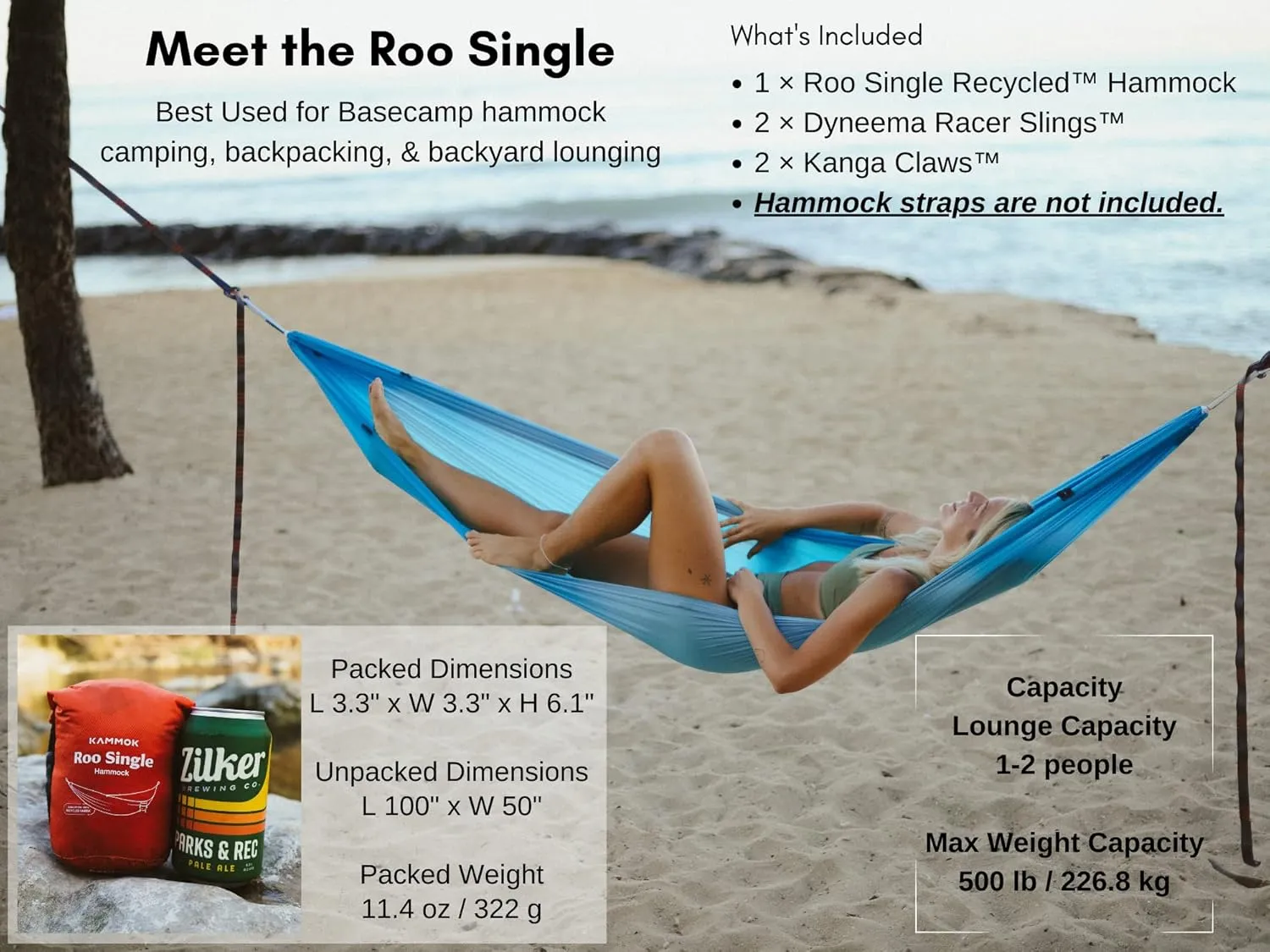 KAMMOK: Roo Single Hammock | Made from Strong & 100% Recycled Water Resistant Ripstop Fabric | Comfortable, Packable, Lightweight (Lifetime Adventure Grade Warranty), Granite Gray