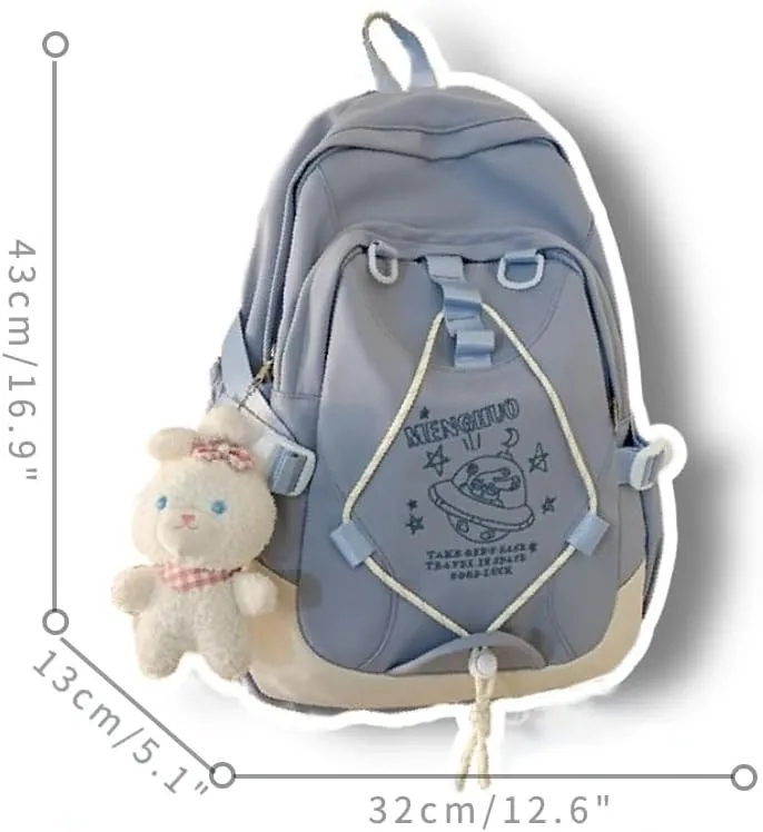 Kawaii Lightweight Waterproof Aesthetic Backpack Shoulder Bag with Cute Accessories (E-Blue Backpack)