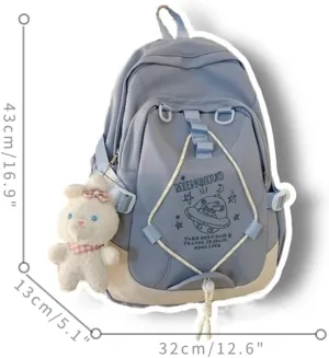 Kawaii Lightweight Waterproof Aesthetic Backpack Shoulder Bag with Cute Accessories (E-Blue Backpack)
