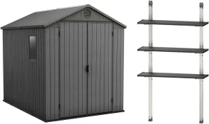 Keter Darwin 6 x 8 Foot Outdoor Garden Tool Storage Shed Backyard Utility Organizer Bundled with 40 Inch Steel Shelving Kit, Graphite Gray