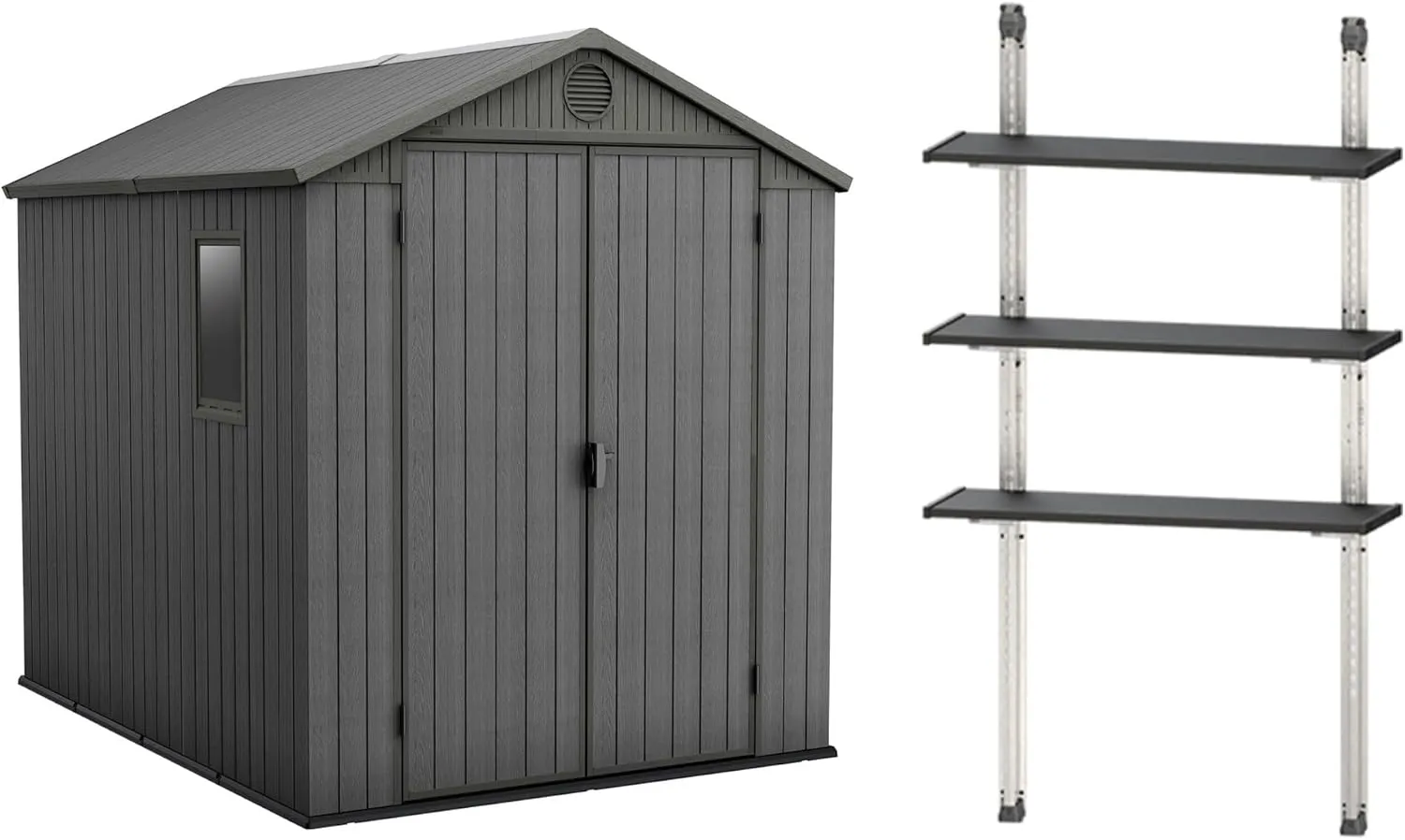 Keter Darwin 6 x 8 Foot Outdoor Garden Tool Storage Shed Backyard Utility Organizer Bundled with 40 Inch Steel Shelving Kit, Graphite Gray