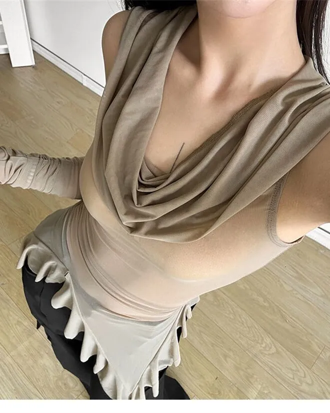 Khaki Irregular Hemline Hooded Long Sleeve Top