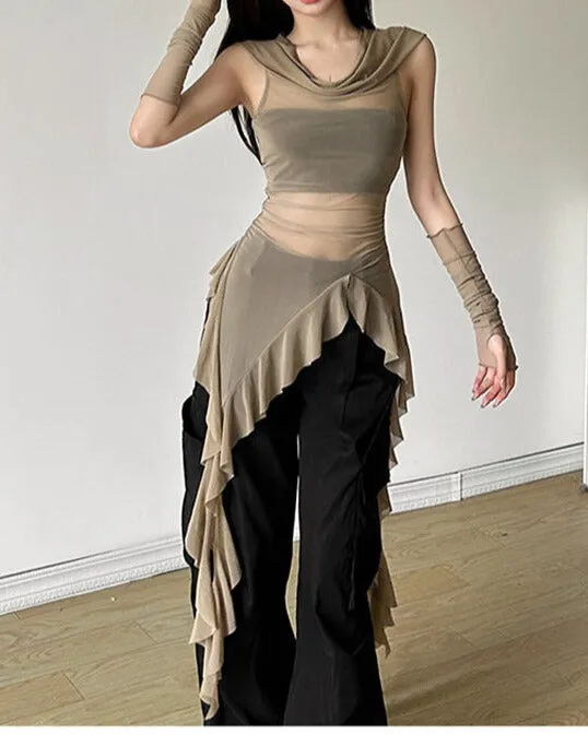 Khaki Irregular Hemline Hooded Long Sleeve Top