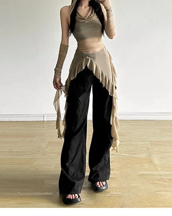 Khaki Irregular Hemline Hooded Long Sleeve Top