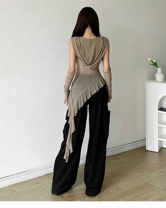 Khaki Irregular Hemline Hooded Long Sleeve Top