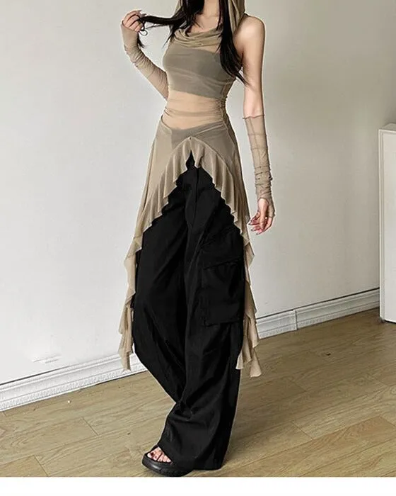 Khaki Irregular Hemline Hooded Long Sleeve Top