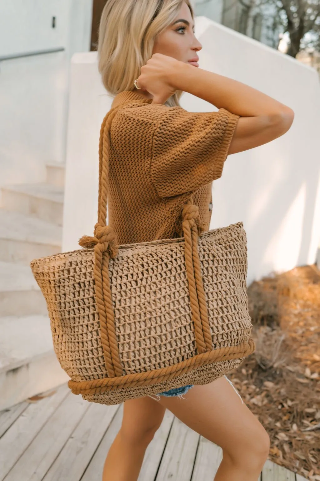 Khaki Straw Braided Tote Bag