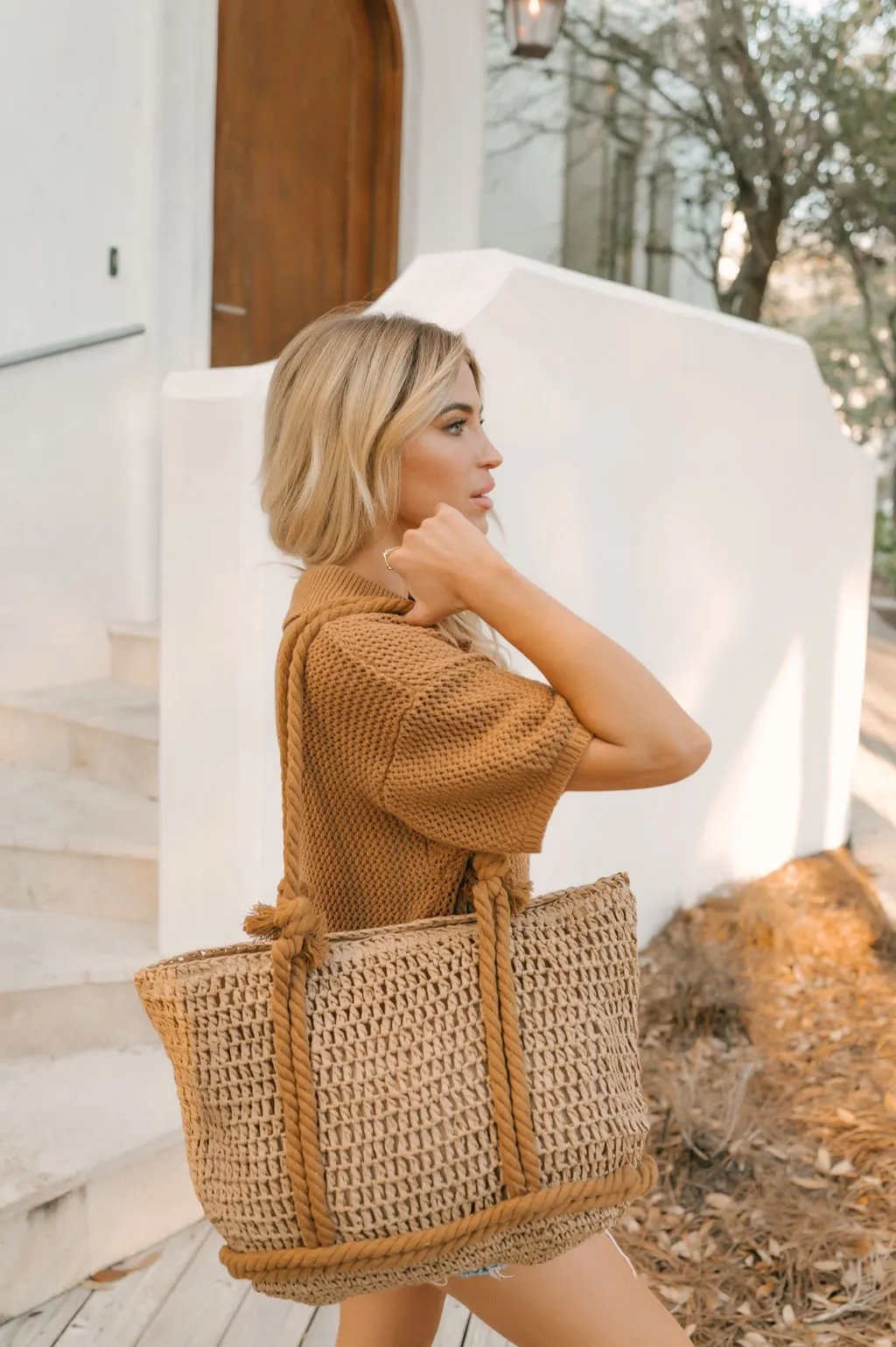 Khaki Straw Braided Tote Bag