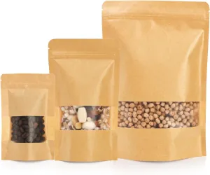 Kingrol 150 Count Kraft Paper Bags with Resealable Lock Seal Zipper &Transparent Window, Stand Up Food Bags, 3 Size - 3.5 x 5.5 Inch/5.5 x 8 Inch/7 x 10.25 Inch