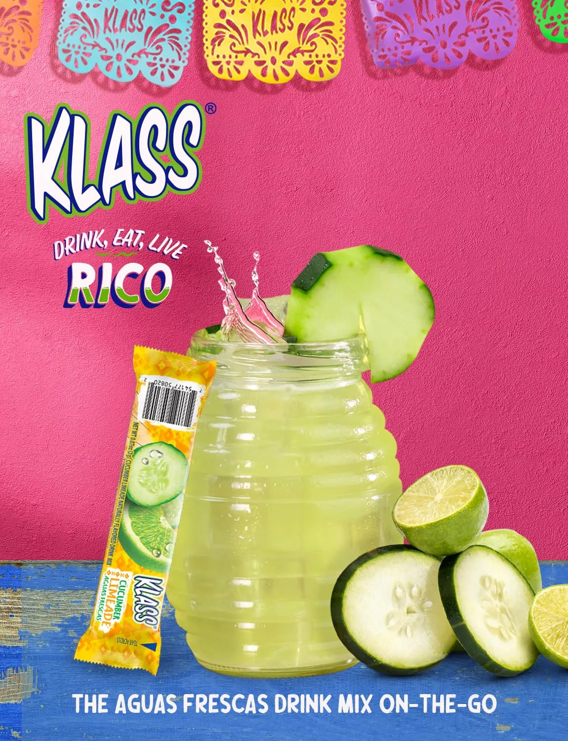 Klass Aguas Frescas | Drink Mix Variety Pack | Cucumber Limeade , Strawberry Watermelon , Hibiscus Berries & Pineapple Tangerine | Sugar Free On-The-Go Packets (44 Count Powder Stick Packs) Shake it up!