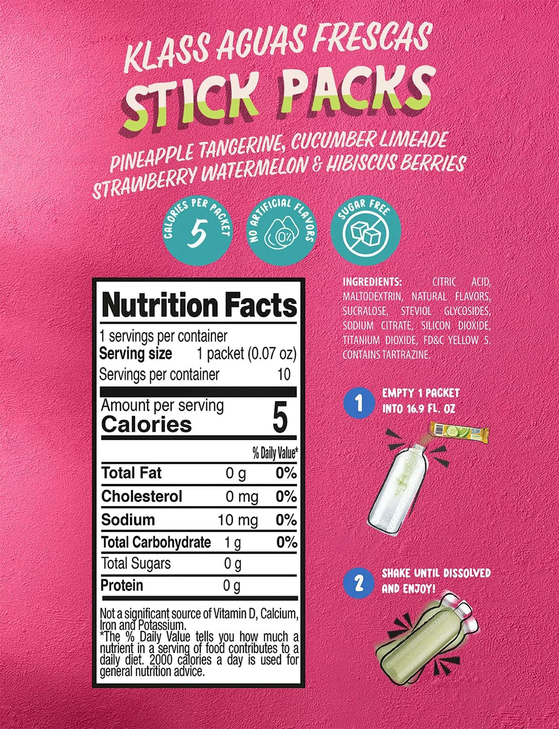 Klass Aguas Frescas | Drink Mix Variety Pack | Cucumber Limeade , Strawberry Watermelon , Hibiscus Berries & Pineapple Tangerine | Sugar Free On-The-Go Packets (44 Count Powder Stick Packs) Shake it up!