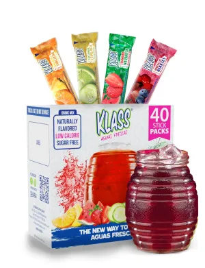 Klass Aguas Frescas | Drink Mix Variety Pack | Cucumber Limeade , Strawberry Watermelon , Hibiscus Berries & Pineapple Tangerine | Sugar Free On-The-Go Packets (44 Count Powder Stick Packs) Shake it up!