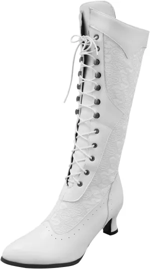 Knee High Boots Women Gothic Boots Womens Victorian Lace up Booties Mid Calf Boots Gothic Chunky Kitten Heel Boots