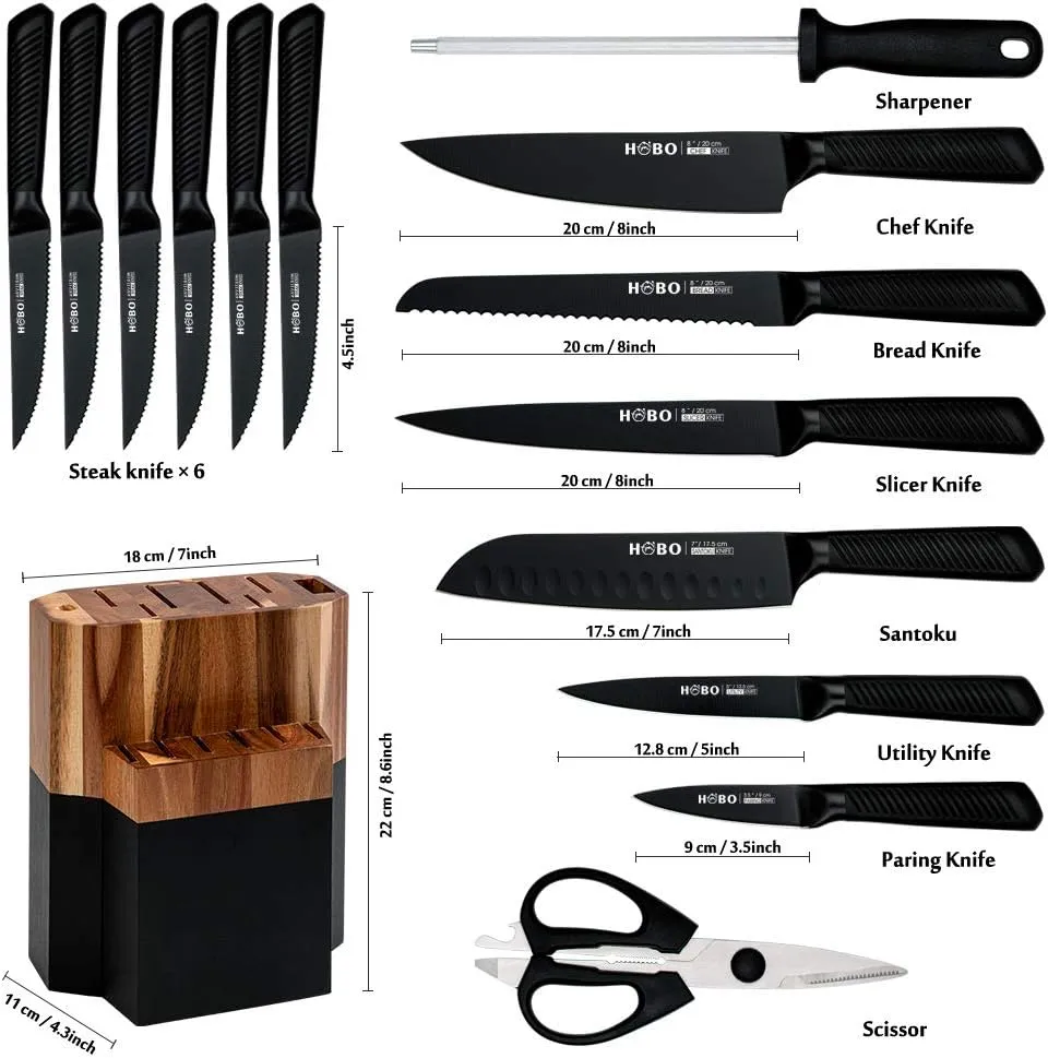 Knife Block Set, 15 Piece Kitchen Knife Set with 6 Steak Knife Set with Sharpener Chef Knife High German Carbon Stainless Steel Knife with Wooden Block Bread Knife Boxed