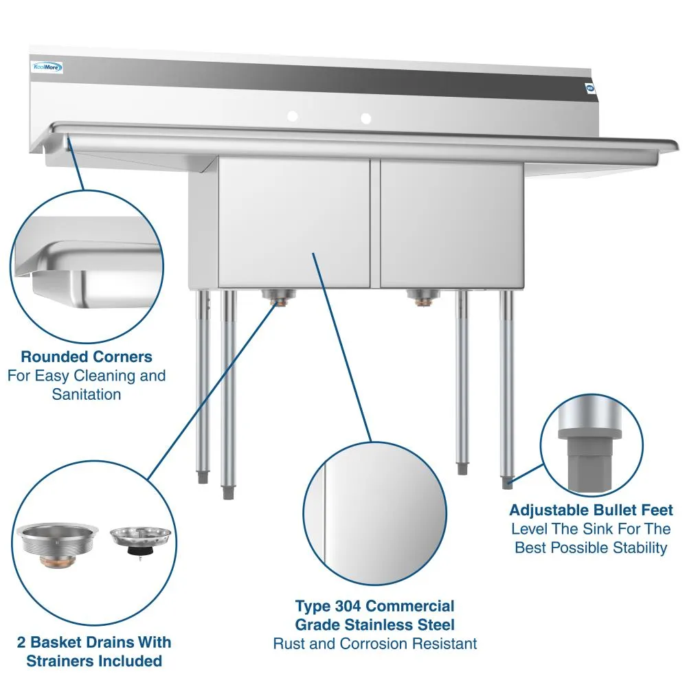 KoolMore Stainless Steel 2-Basin Freestanding Utility Tub with Drain