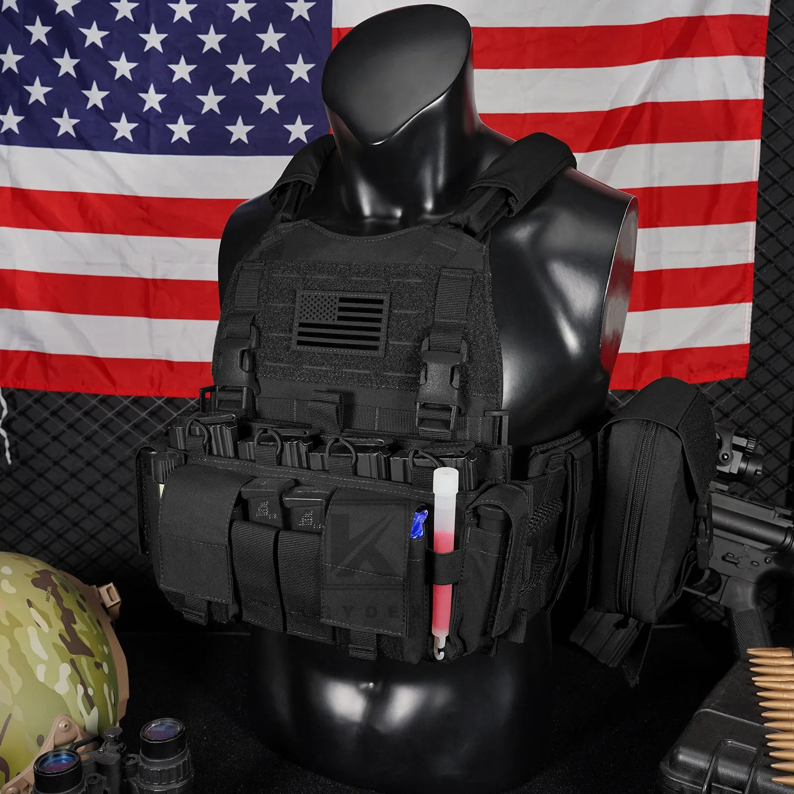 KRYDEX Tactical SCARAB Plate Carrier Heavy Duty Modular MOLLE Vest   MF IV Placard 556 & 9mm Magazine Pouch