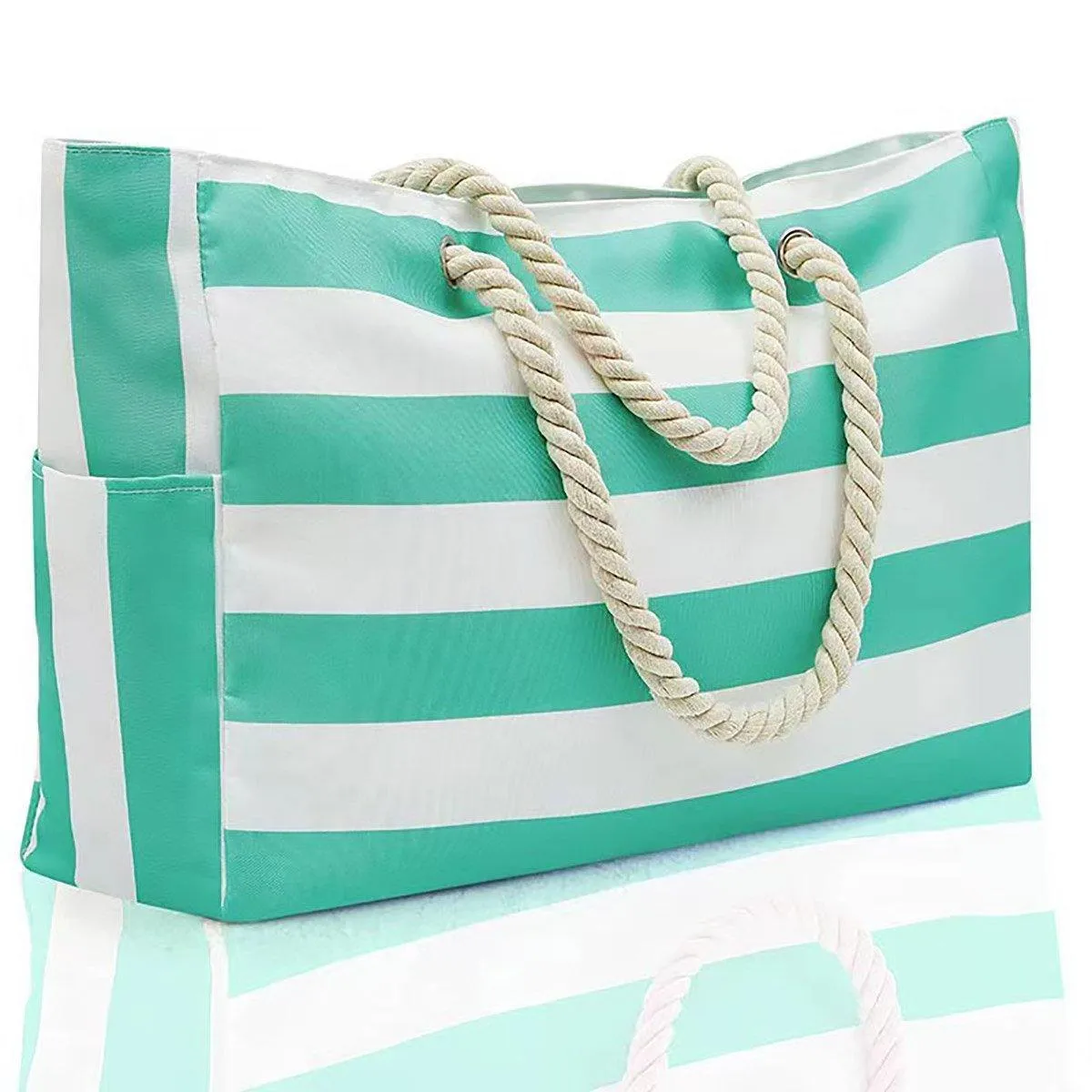 Large Bohemian Striped Canvas Beach Bag Zipper Tote for Travel Outdoor Vacation