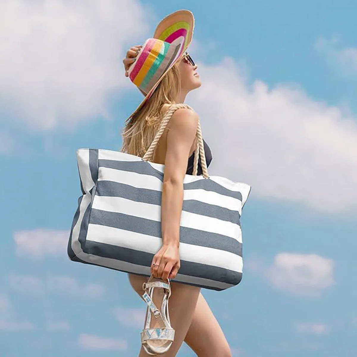 Large Bohemian Striped Canvas Beach Bag Zipper Tote for Travel Outdoor Vacation