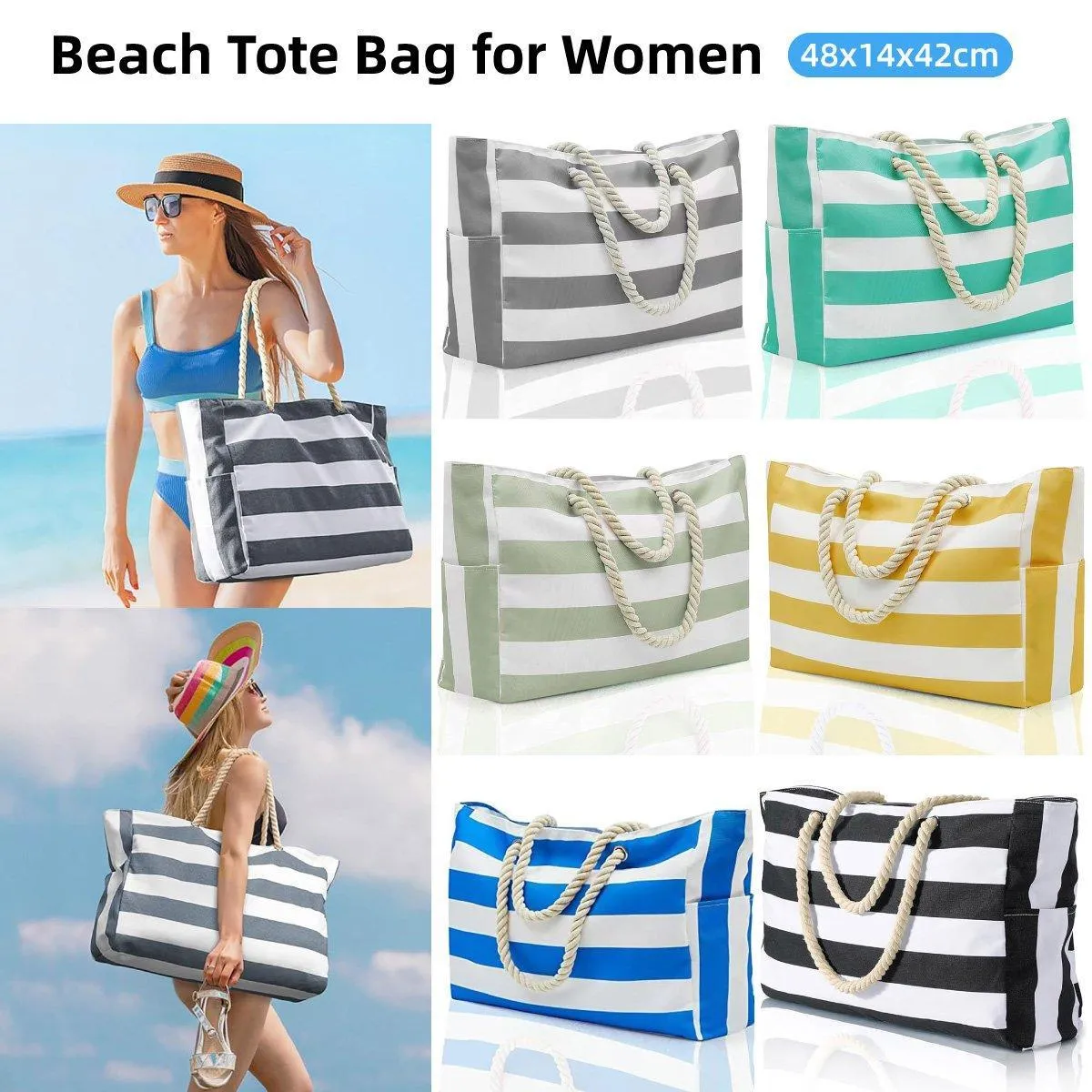 Large Bohemian Striped Canvas Beach Bag Zipper Tote for Travel Outdoor Vacation