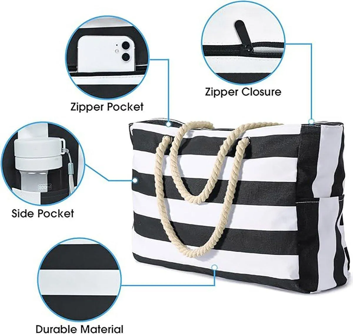Large Bohemian Striped Canvas Beach Bag Zipper Tote for Travel Outdoor Vacation