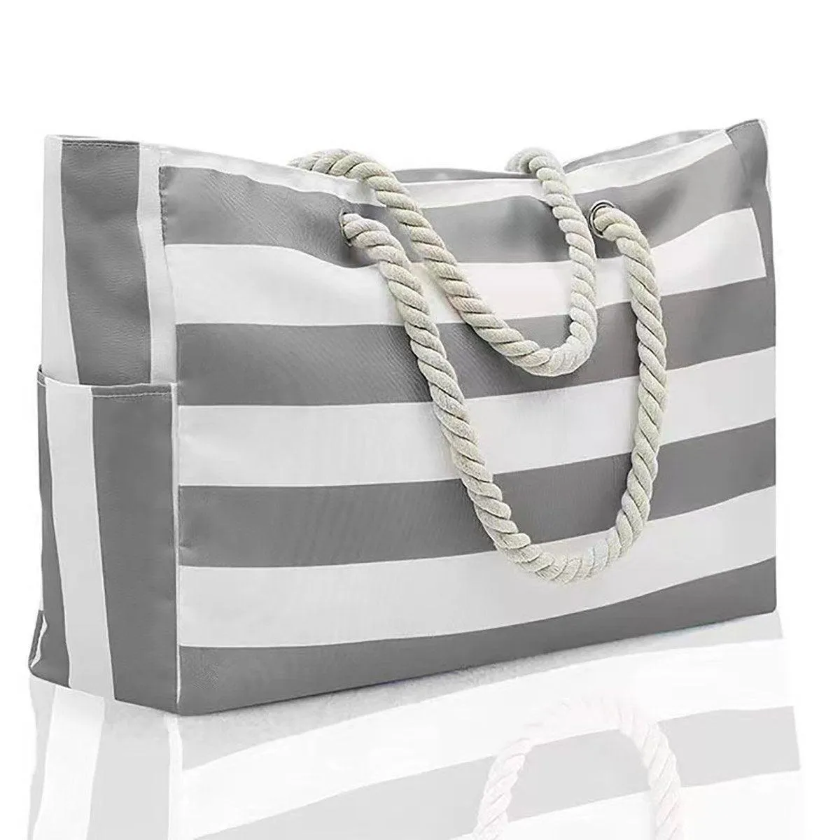 Large Bohemian Striped Canvas Beach Bag Zipper Tote for Travel Outdoor Vacation