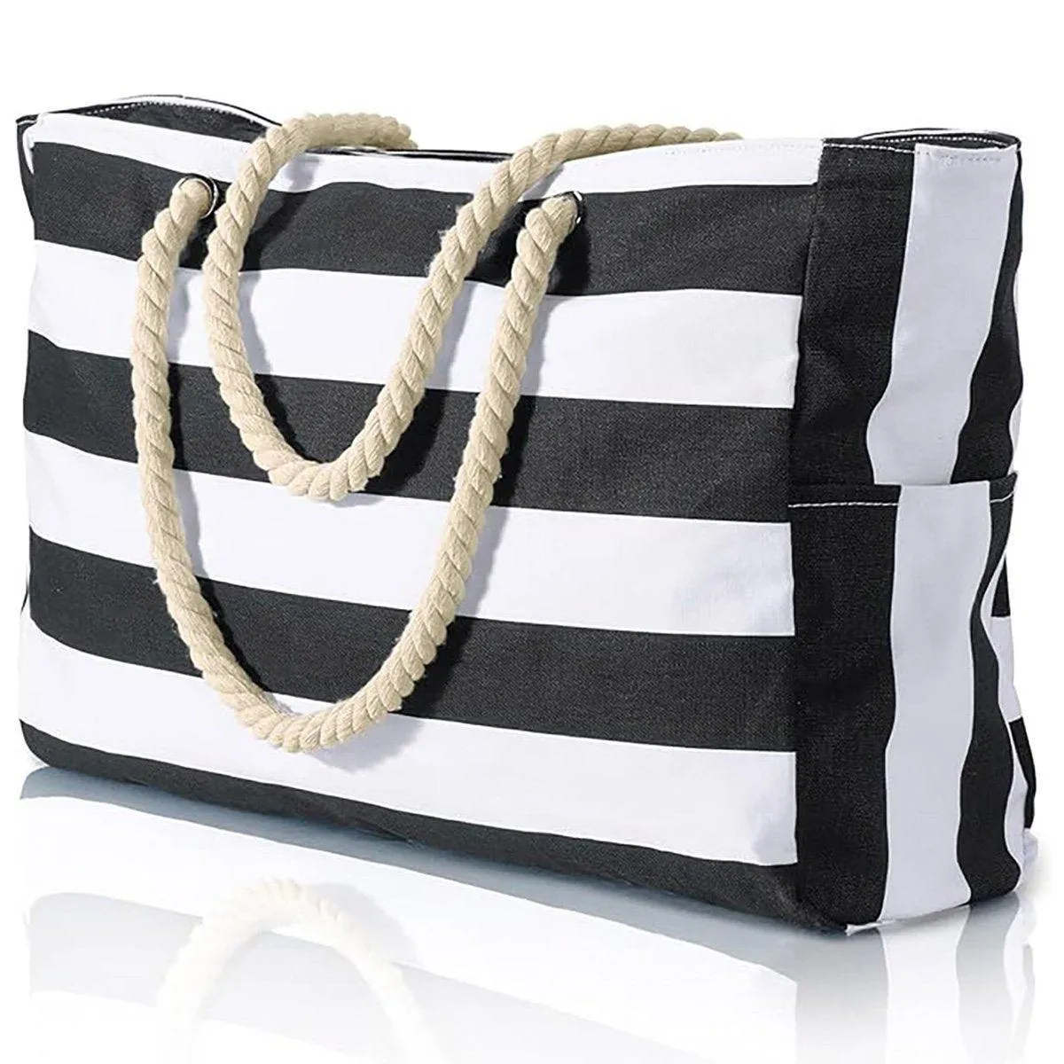 Large Bohemian Striped Canvas Beach Bag Zipper Tote for Travel Outdoor Vacation