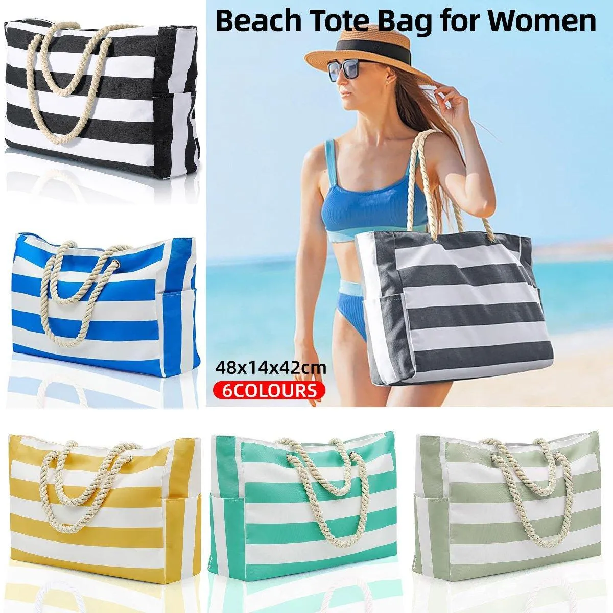 Large Bohemian Striped Canvas Beach Bag Zipper Tote for Travel Outdoor Vacation