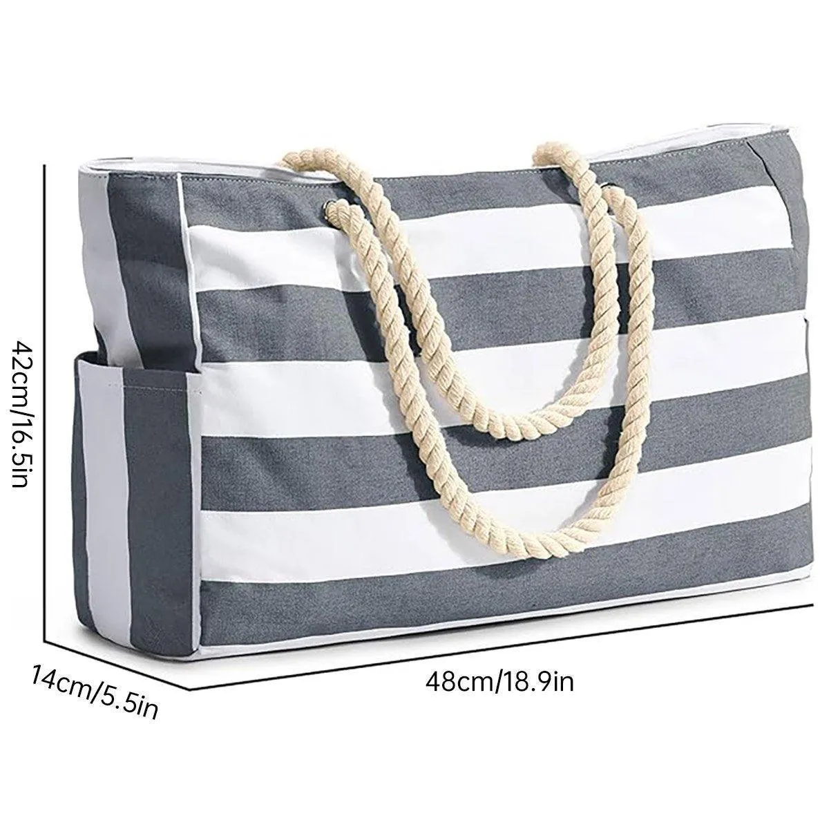 Large Bohemian Striped Canvas Beach Bag Zipper Tote for Travel Outdoor Vacation