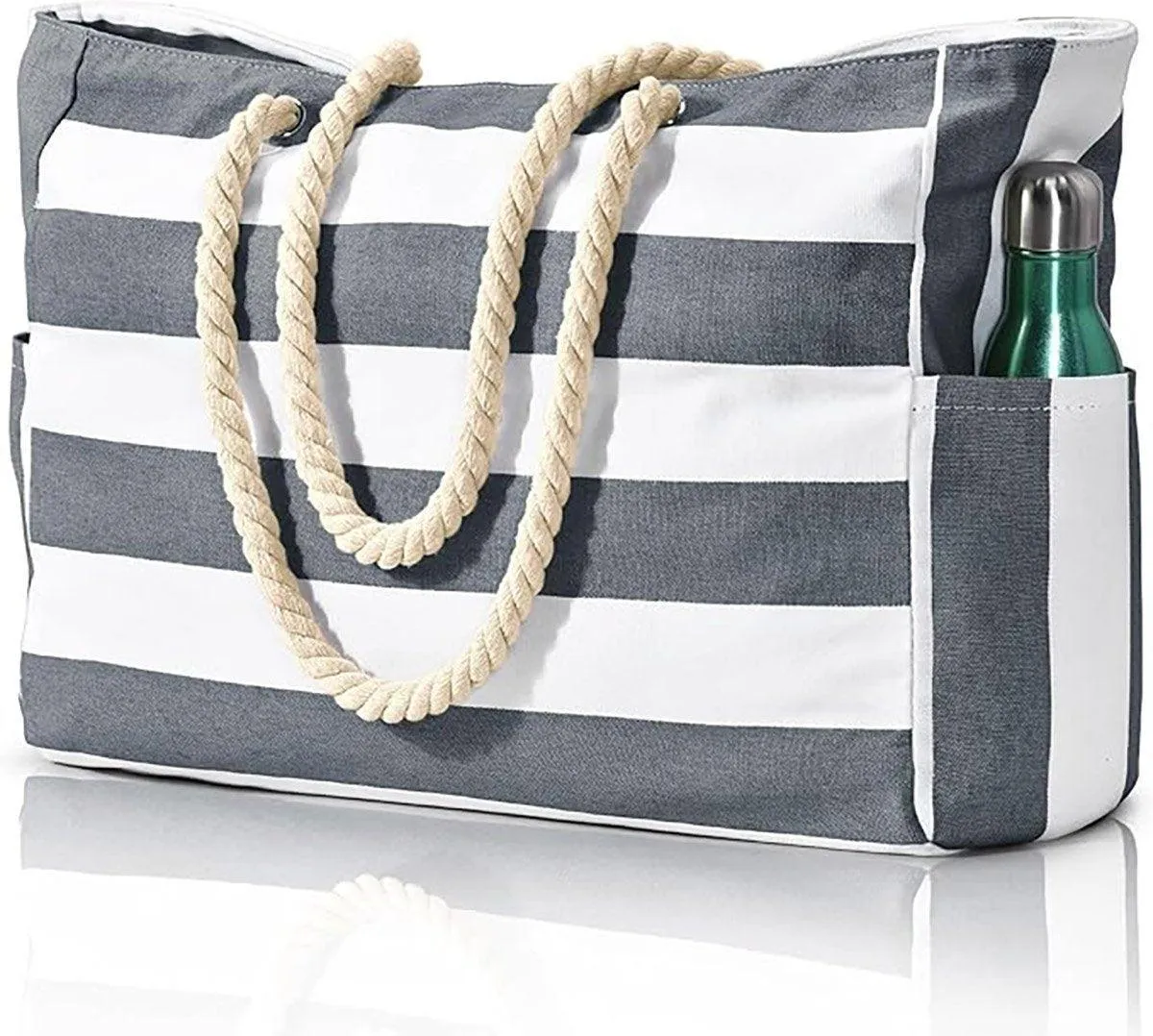 Large Bohemian Striped Canvas Beach Bag Zipper Tote for Travel Outdoor Vacation