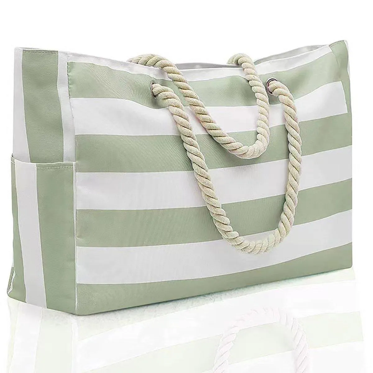 Large Bohemian Striped Canvas Beach Bag Zipper Tote for Travel Outdoor Vacation