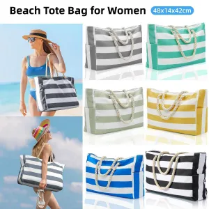 Large Bohemian Striped Canvas Beach Bag Zipper Tote for Travel Outdoor Vacation