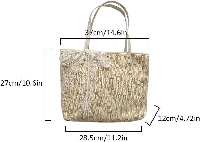 Large Straw Beach Tote Bag for Women, Summer Hand-woven Shoulder Bag Handbag with PU Leather Handle and Cute White Lace Bow