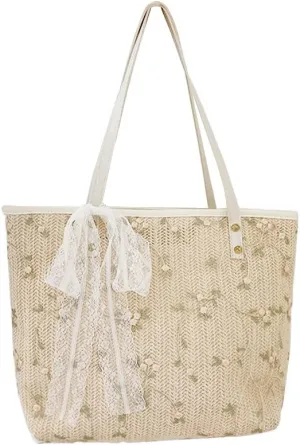 Large Straw Beach Tote Bag for Women, Summer Hand-woven Shoulder Bag Handbag with PU Leather Handle and Cute White Lace Bow