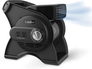 Lasko Portable Utility Fan, 12” 289 CFM Pivoting High Velocity Air Mover Blower Fan, 3 Speeds, 2 Accessory Outlets 120V, Black, U12104