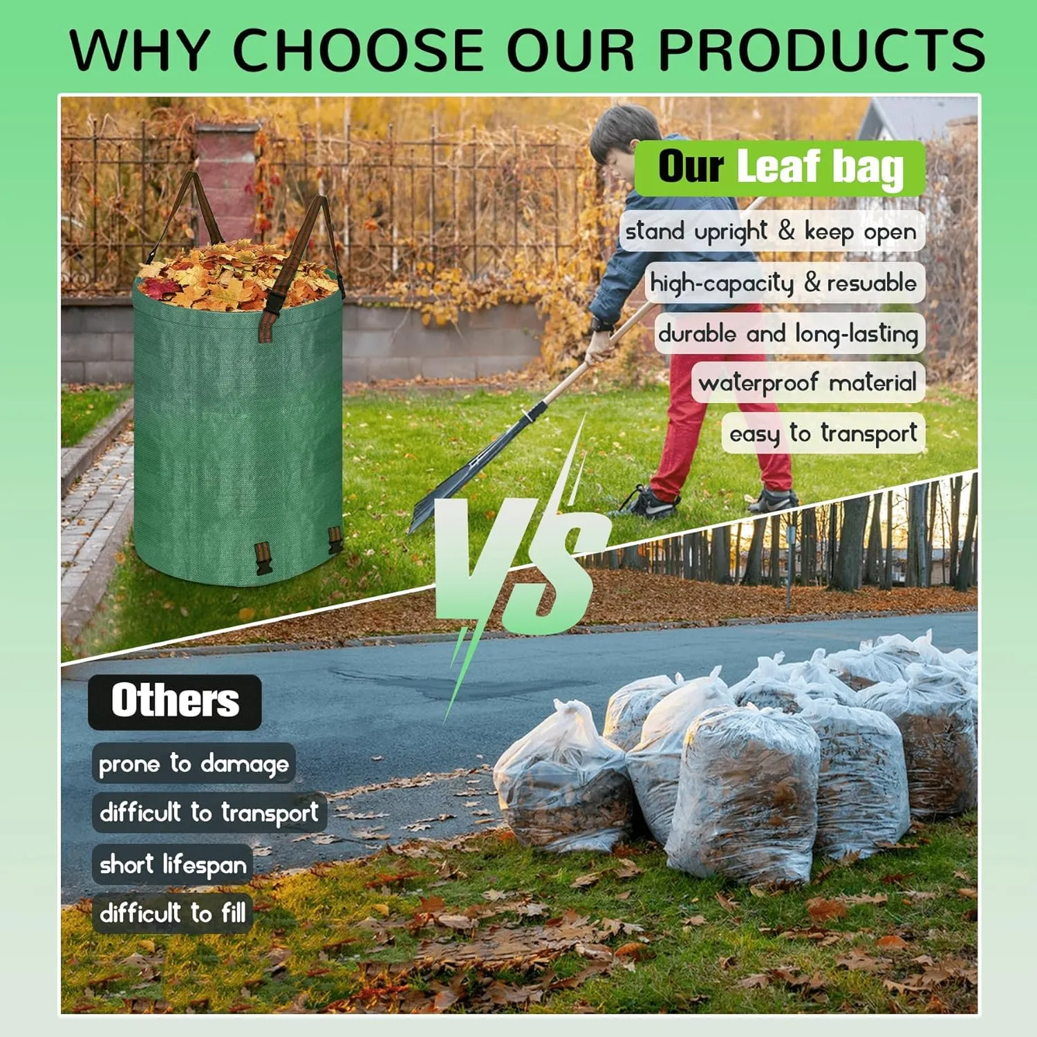 Leaf Collector Bag with Lid, Shoulder Strap, and Drawstring – Reusable Yard Garden Bag for Leaves and Lawn Trash, Perfect for Leaf Removal, Yard Clean-Up (Without lid, 48 Gallon)