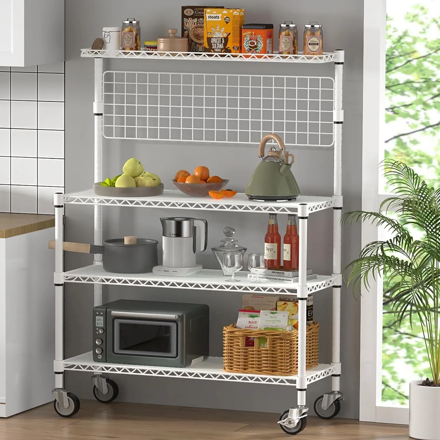 Leteuke Bakers Rack with Storage & Wheels, 42 Inch Microwave Stand Kitchen Shelves, 4-Tier Heavy Duty Storage Rack with 20 S-Hooks, Commercial Metal Utility Kitchen Cart, 42× 18× 63 Inch, White