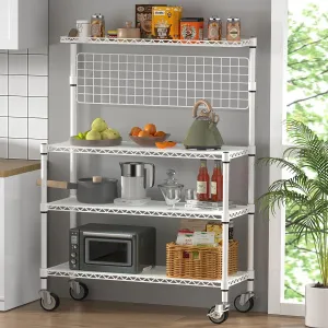 Leteuke Bakers Rack with Storage & Wheels, 42 Inch Microwave Stand Kitchen Shelves, 4-Tier Heavy Duty Storage Rack with 20 S-Hooks, Commercial Metal Utility Kitchen Cart, 42× 18× 63 Inch, White