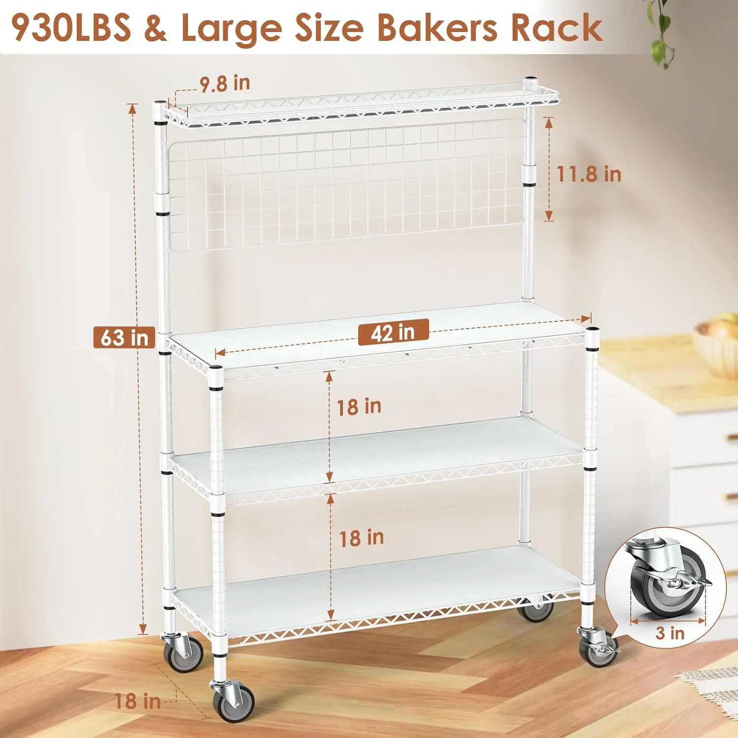 Leteuke Bakers Rack with Storage & Wheels, 42 Inch Microwave Stand Kitchen Shelves, 4-Tier Heavy Duty Storage Rack with 20 S-Hooks, Commercial Metal Utility Kitchen Cart, 42× 18× 63 Inch, White