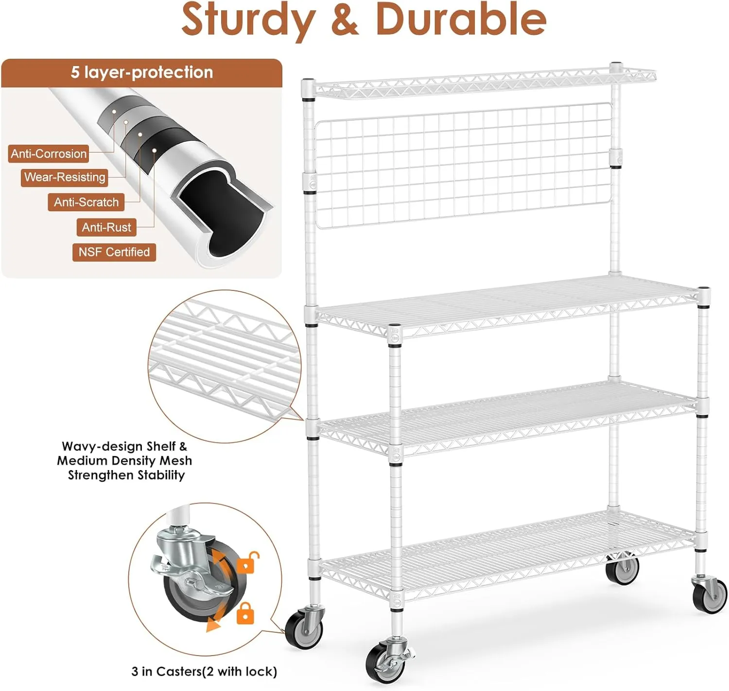 Leteuke Bakers Rack with Storage & Wheels, 42 Inch Microwave Stand Kitchen Shelves, 4-Tier Heavy Duty Storage Rack with 20 S-Hooks, Commercial Metal Utility Kitchen Cart, 42× 18× 63 Inch, White