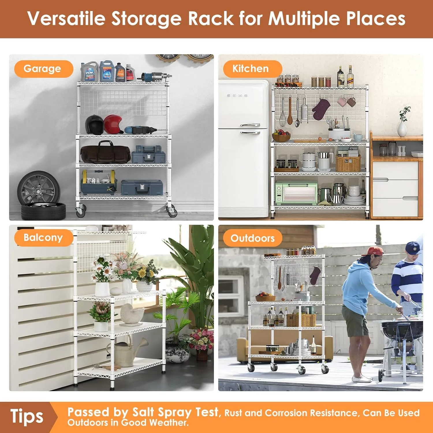 Leteuke Bakers Rack with Storage & Wheels, 42 Inch Microwave Stand Kitchen Shelves, 4-Tier Heavy Duty Storage Rack with 20 S-Hooks, Commercial Metal Utility Kitchen Cart, 42× 18× 63 Inch, White
