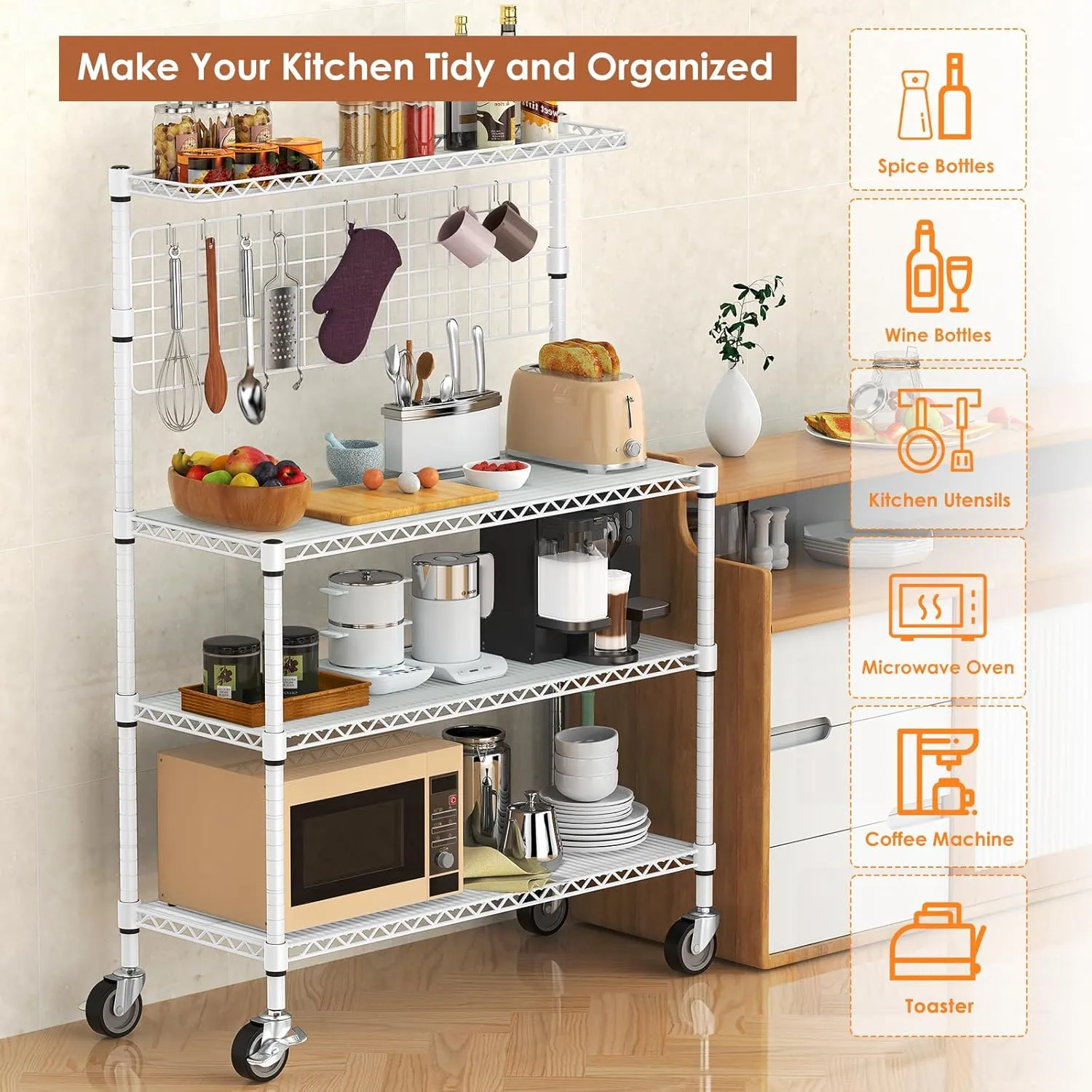 Leteuke Bakers Rack with Storage & Wheels, 42 Inch Microwave Stand Kitchen Shelves, 4-Tier Heavy Duty Storage Rack with 20 S-Hooks, Commercial Metal Utility Kitchen Cart, 42× 18× 63 Inch, White
