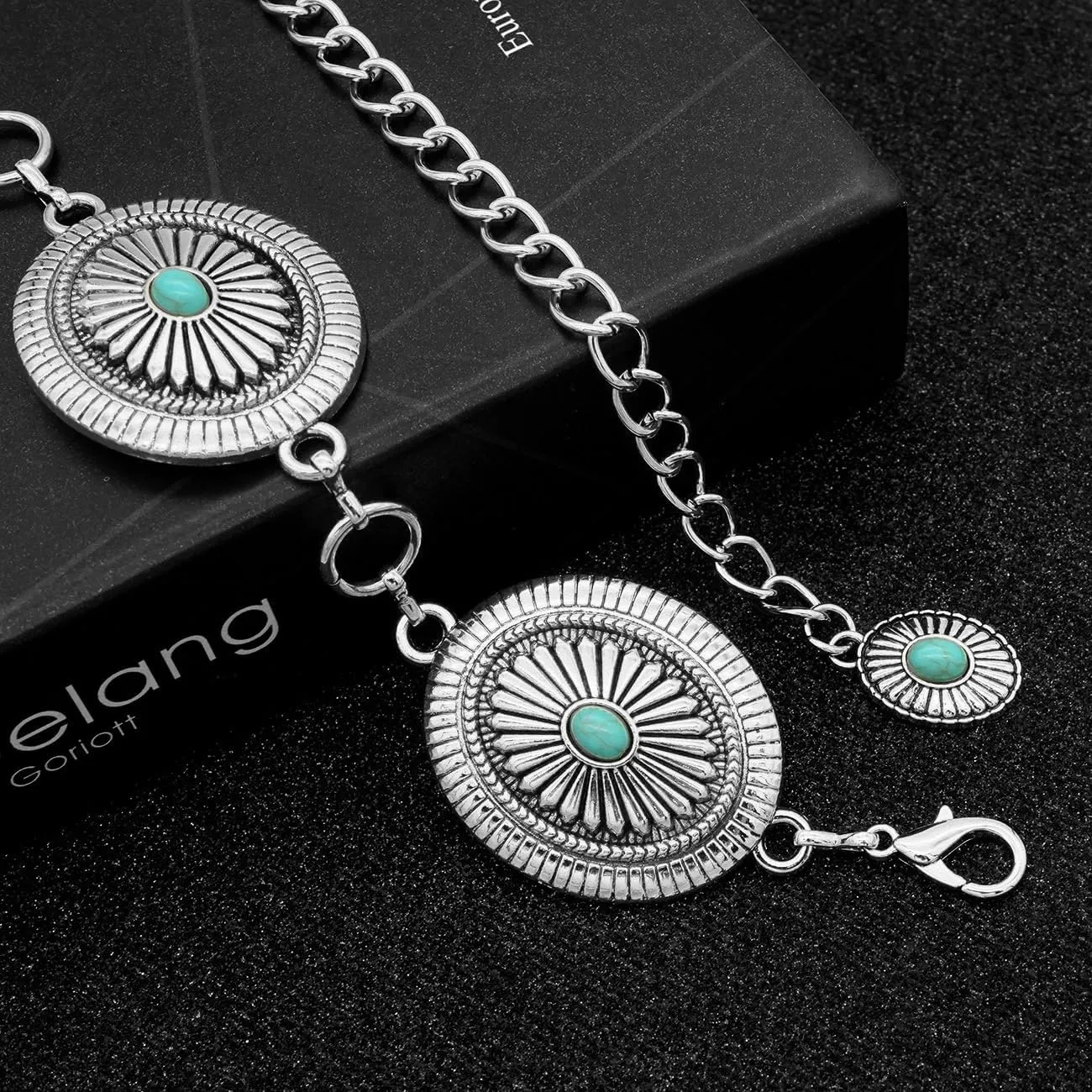 LIMHOO Western Chain Belt for Women Turquoise Concho Metal Waist Chain Cowgirl Country Belt