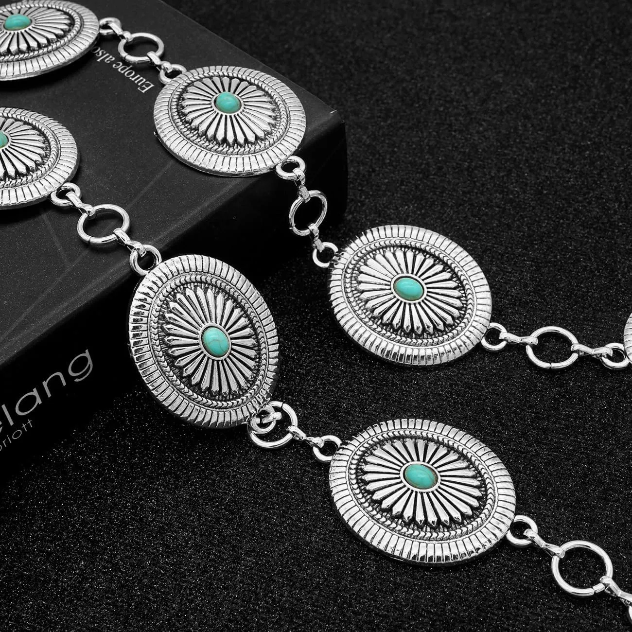 LIMHOO Western Chain Belt for Women Turquoise Concho Metal Waist Chain Cowgirl Country Belt