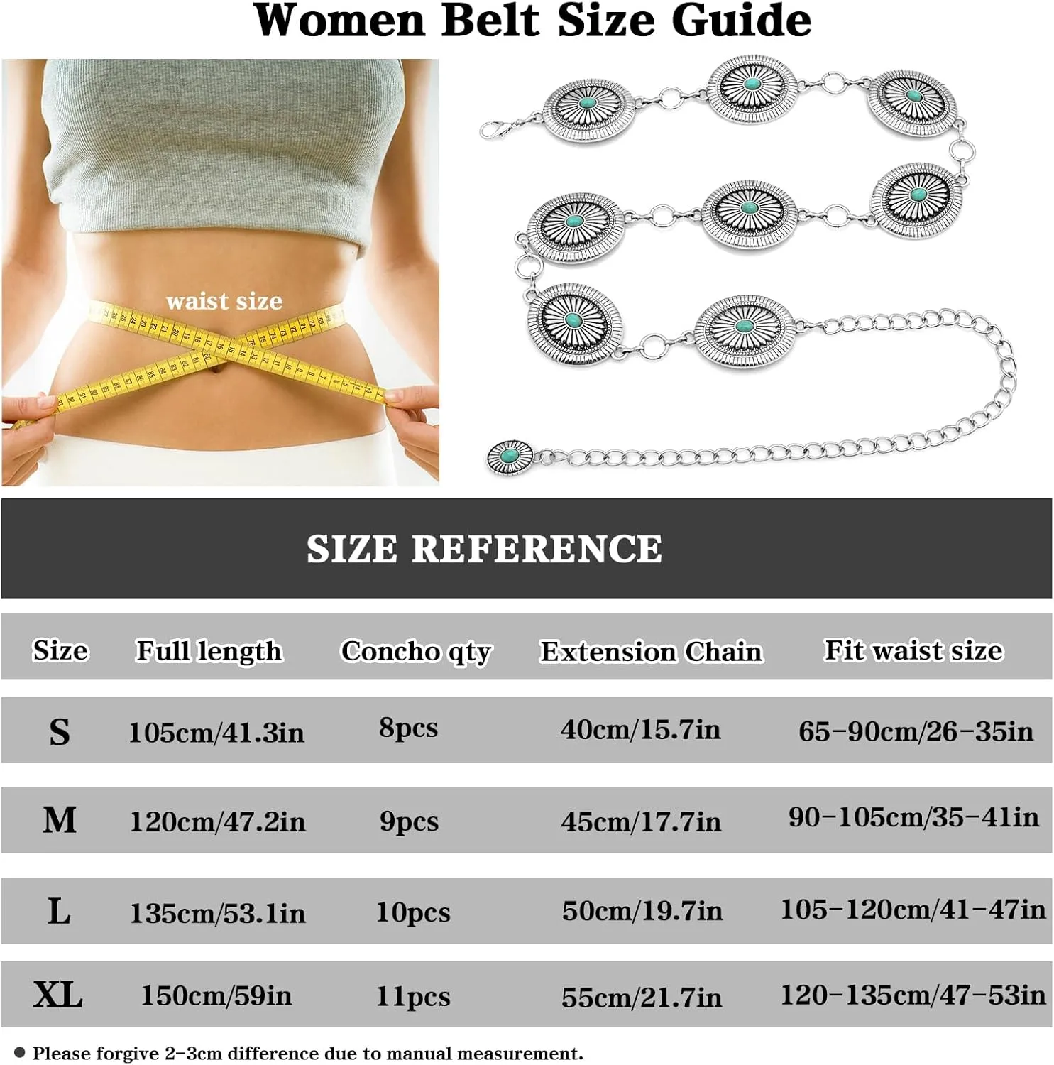 LIMHOO Western Chain Belt for Women Turquoise Concho Metal Waist Chain Cowgirl Country Belt